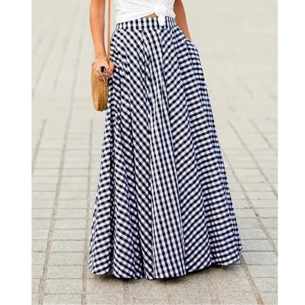 Classic Gingham High Waisted Flowy Maxi Skirt S M L XL - Picture 2 of 5